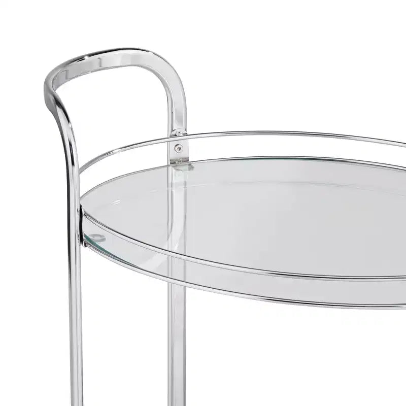Chariot de service ovale à 2 niveaux Carli en acier chromé moderne 26 x 18 1/4, roulettes en argent, étagères en verre transparent pour salon