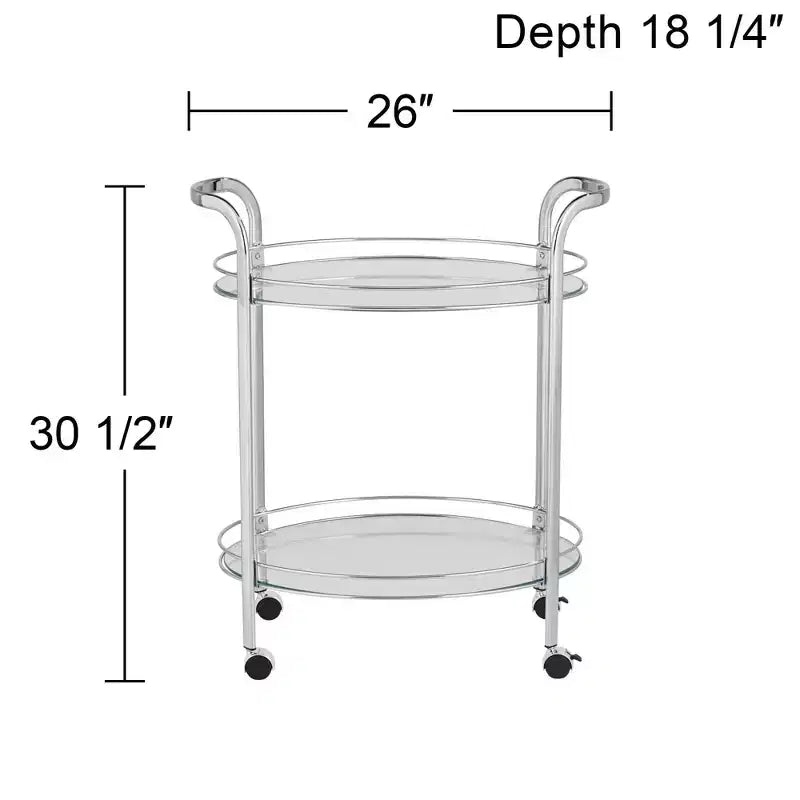 Chariot de service ovale à 2 niveaux Carli en acier chromé moderne 26 x 18 1/4, roulettes en argent, étagères en verre transparent pour salon