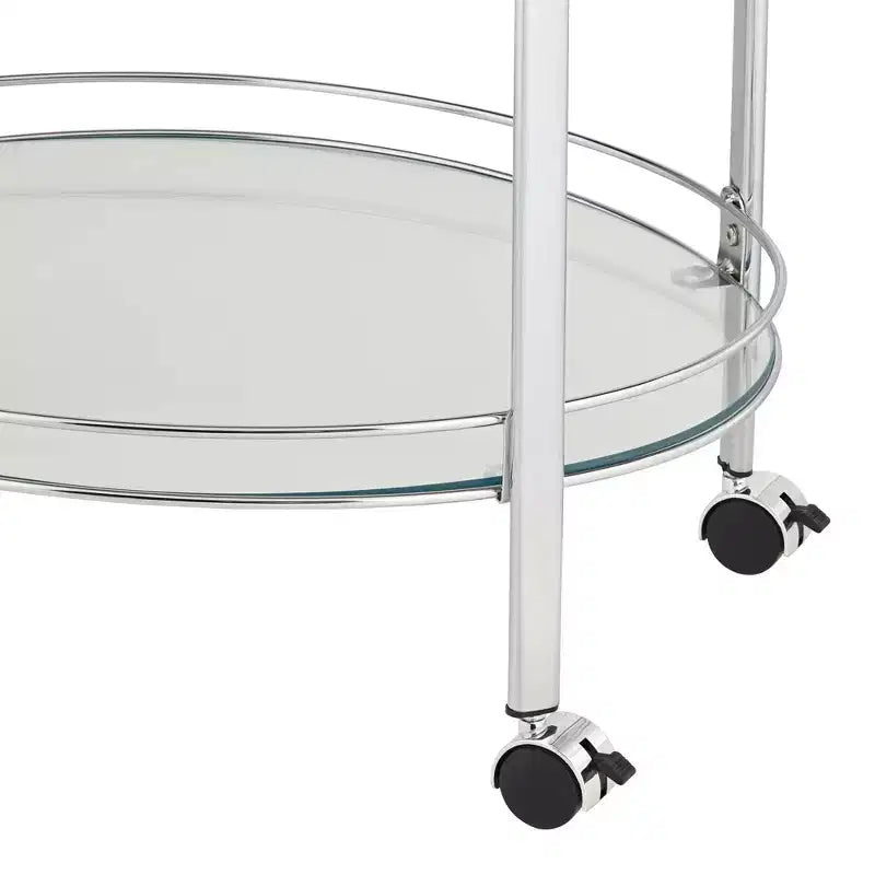 Chariot de service ovale à 2 niveaux Carli en acier chromé moderne 26 x 18 1/4, roulettes en argent, étagères en verre transparent pour salon