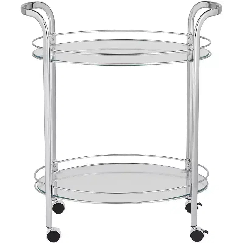 Chariot de service ovale à 2 niveaux Carli en acier chromé moderne 26 x 18 1/4, roulettes en argent, étagères en verre transparent pour salon