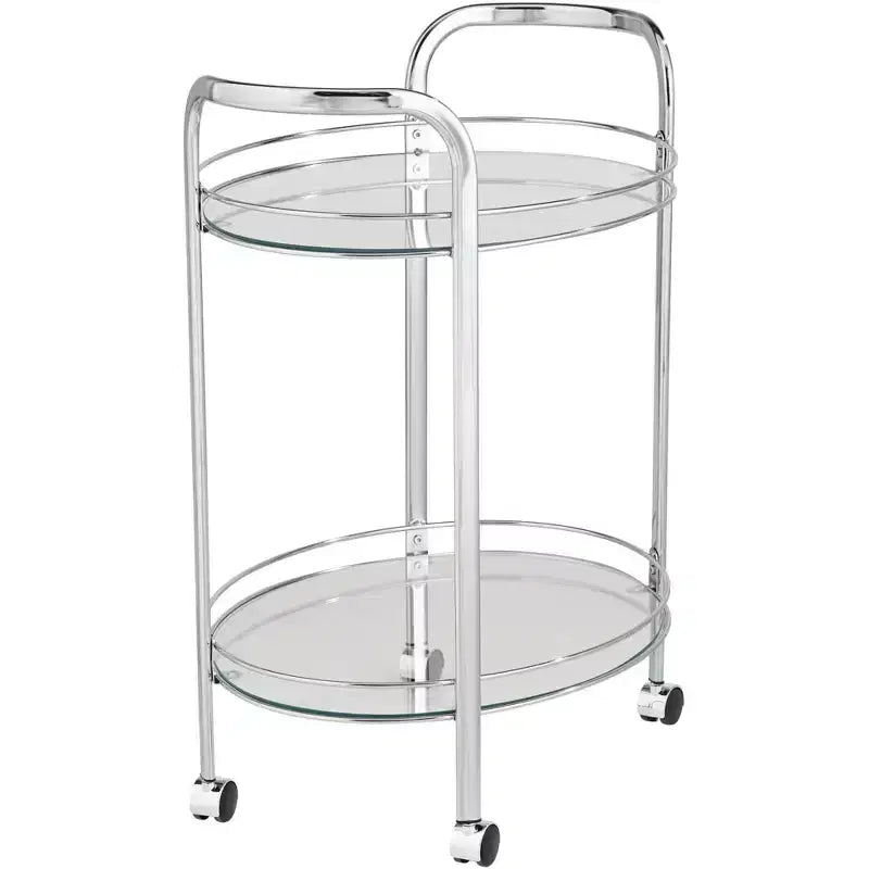 Chariot de service ovale à 2 niveaux Carli en acier chromé moderne 26 x 18 1/4, roulettes en argent, étagères en verre transparent pour salon