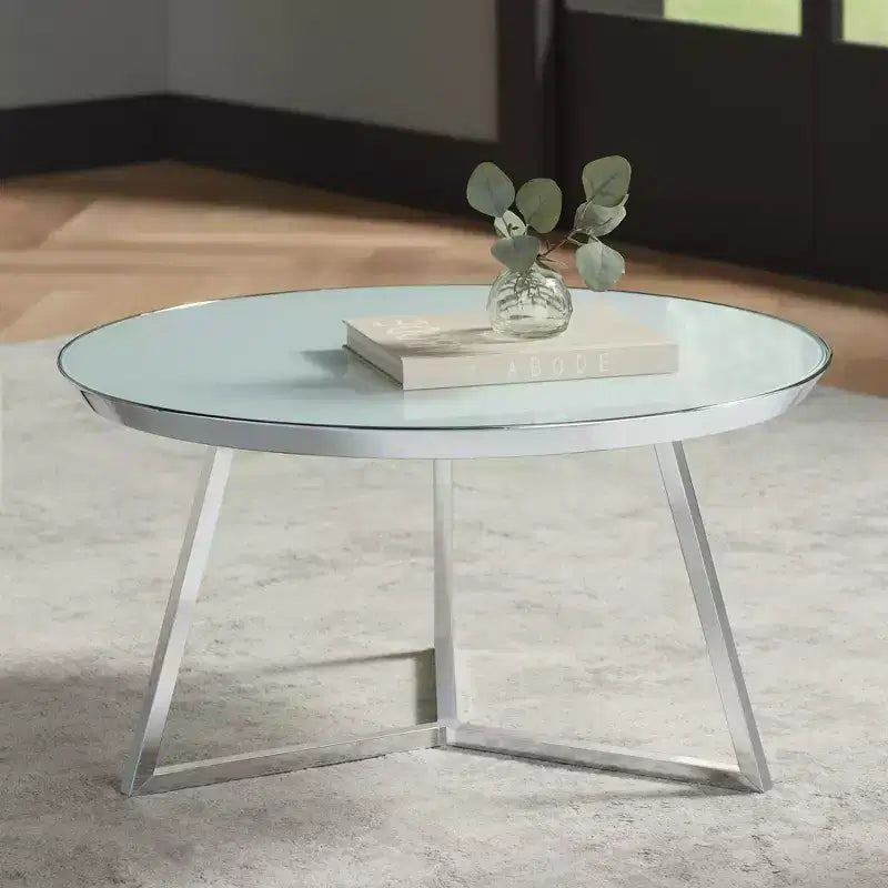 Table basse ronde en métal chromé Luciana, 75,5 cm de large, plateau en verre blanc argenté pour salon, chambre à coucher, chevet