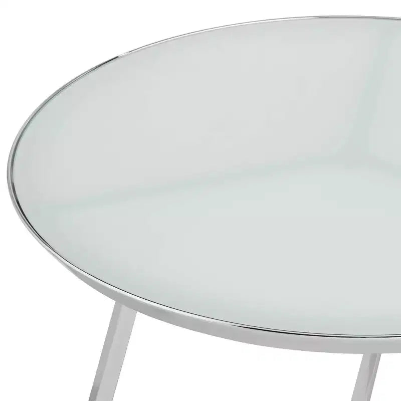 Table basse ronde en métal chromé Luciana, 75,5 cm de large, plateau en verre blanc argenté pour salon, chambre à coucher, chevet