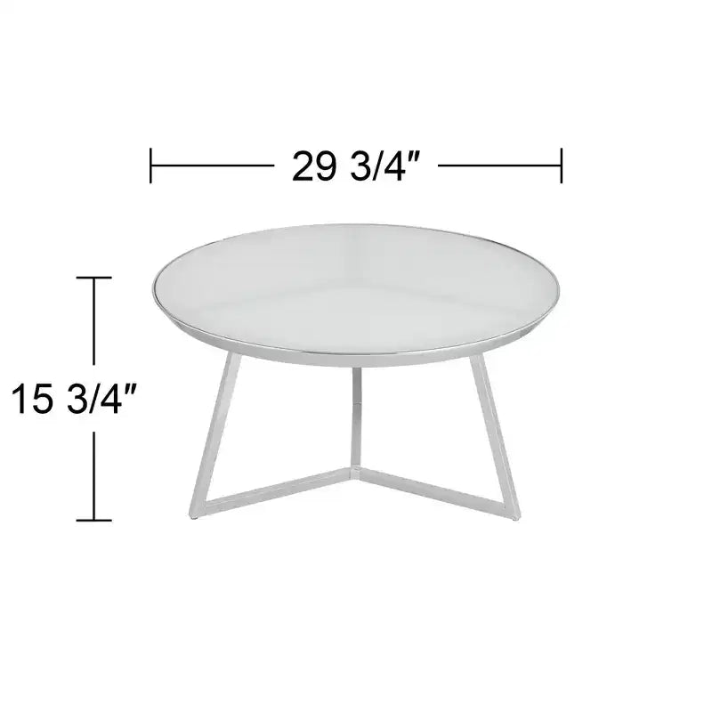 Table basse ronde en métal chromé Luciana, 75,5 cm de large, plateau en verre blanc argenté pour salon, chambre à coucher, chevet