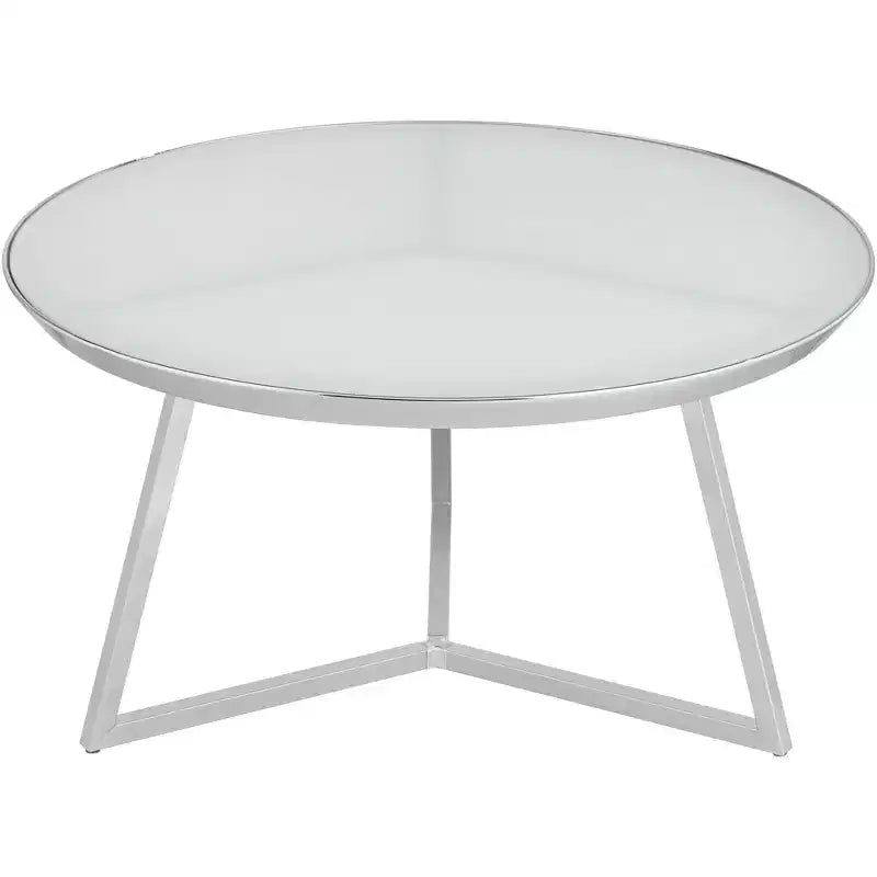 Table basse ronde en métal chromé Luciana, 75,5 cm de large, plateau en verre blanc argenté pour salon, chambre à coucher, chevet