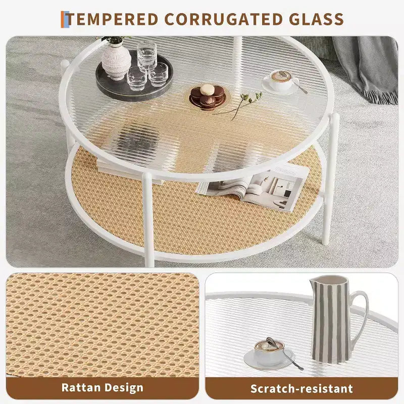 Table basse ronde Acekool Boho, plateau en verre ondulé de 30 po, rangement à 2 niveaux en rotin synthétique, cadre en métal