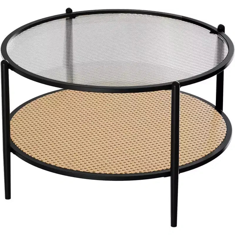 Table basse ronde Acekool Boho, plateau en verre ondulé de 30 po, rangement à 2 niveaux en rotin synthétique, cadre en métal