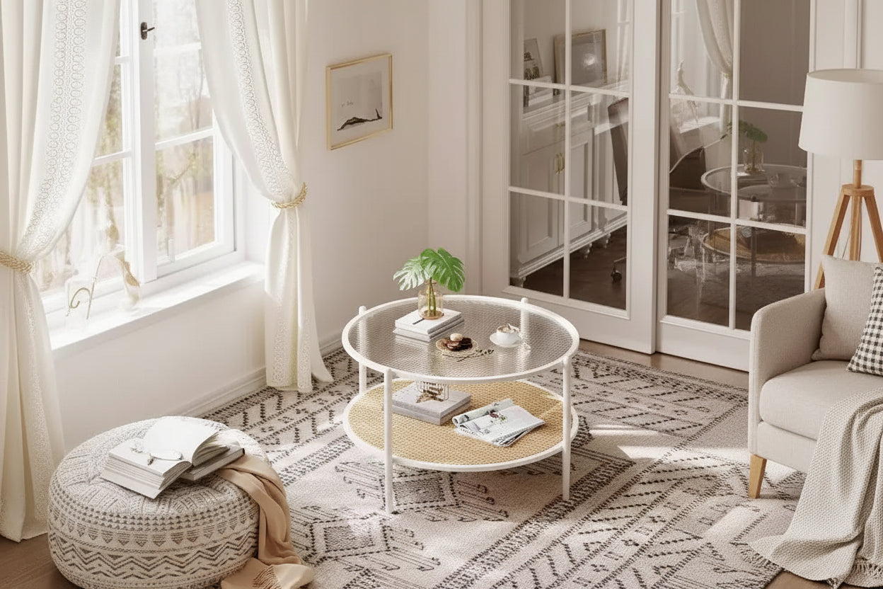 Table basse ronde Acekool Boho, plateau en verre ondulé de 30 po, rangement à 2 niveaux en rotin synthétique, cadre en métal