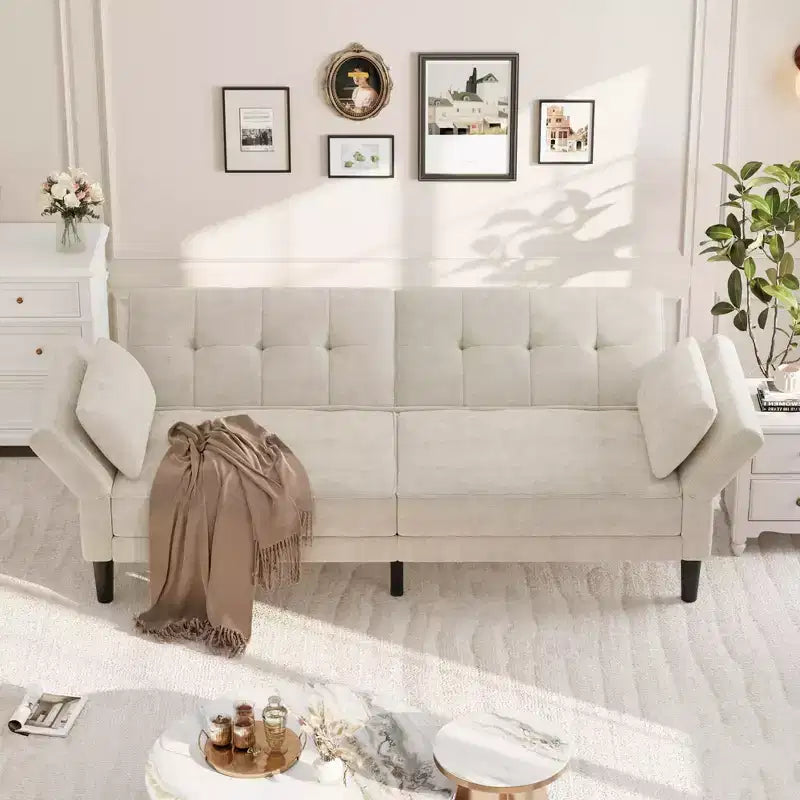 89 Futon Sofa Bed, Modern Sleeper Sofa with Adjustable Backrest & Armrest, Convertible Futon Couch Bed with 2 Pillows for Living Room, Bedroom