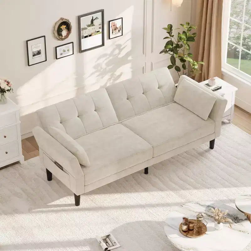 89 Futon Sofa Bed, Modern Sleeper Sofa with Adjustable Backrest & Armrest, Convertible Futon Couch Bed with 2 Pillows for Living Room, Bedroom