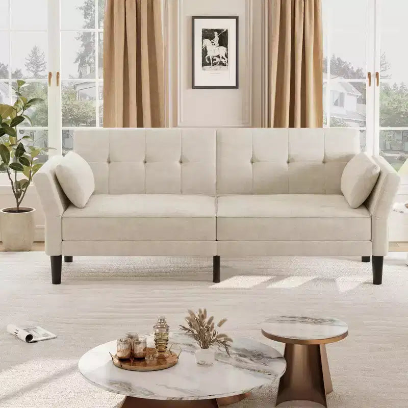 89 Futon Sofa Bed, Modern Sleeper Sofa with Adjustable Backrest & Armrest, Convertible Futon Couch Bed with 2 Pillows for Living Room, Bedroom