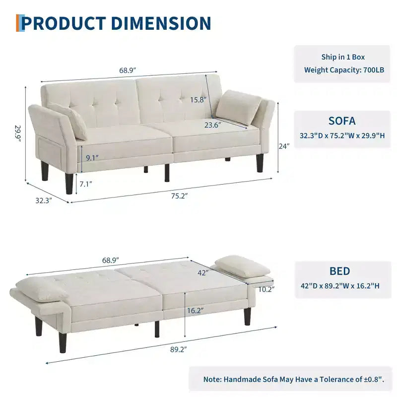 89 canapé futon, canapé-lit moderne avec dossier et accoudoirs réglables, canapé-lit futon convertible avec 2 oreillers pour salon, chambre à coucher