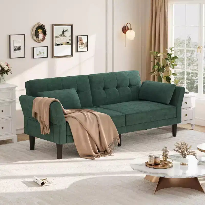 89 Futon Sofa Bed, Modern Sleeper Sofa with Adjustable Backrest & Armrest, Convertible Futon Couch Bed with 2 Pillows for Living Room, Bedroom