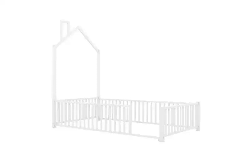 Lit plateforme en métal Bellemave pour lits jumeaux avec garde-corps et cheminée, blanc
