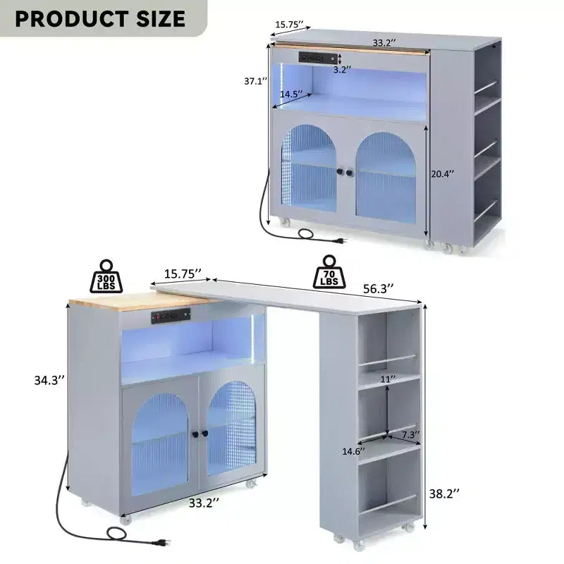 Îlot de cuisine roulant avec table extensible, îlot de cuisine sur roulettes avec lumières LED, prises électriques, 2 portes en verre cannelé