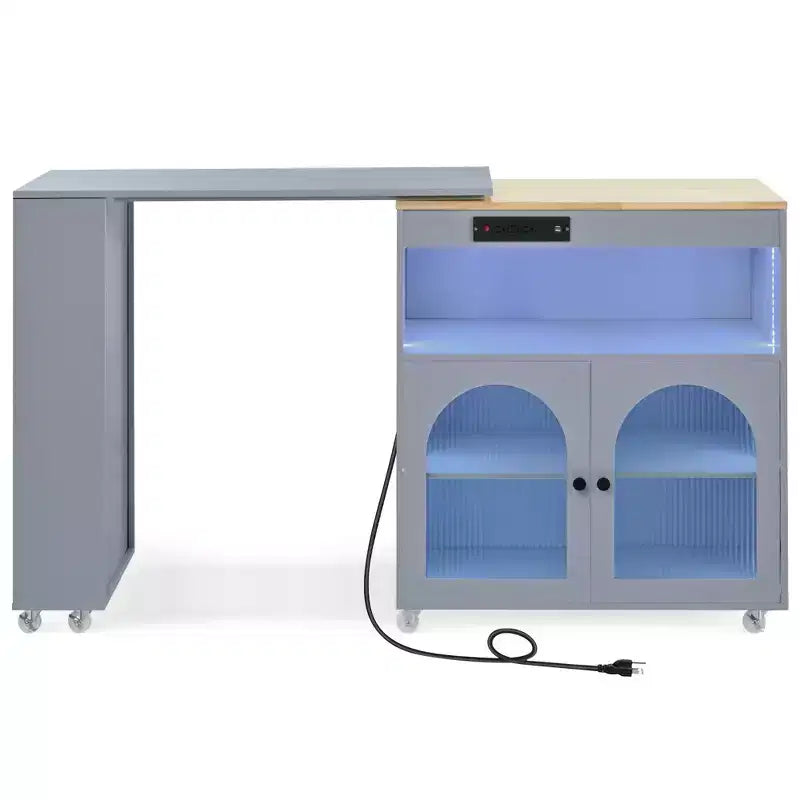 Îlot de cuisine roulant avec table extensible, îlot de cuisine sur roulettes avec lumières LED, prises électriques, 2 portes en verre cannelé