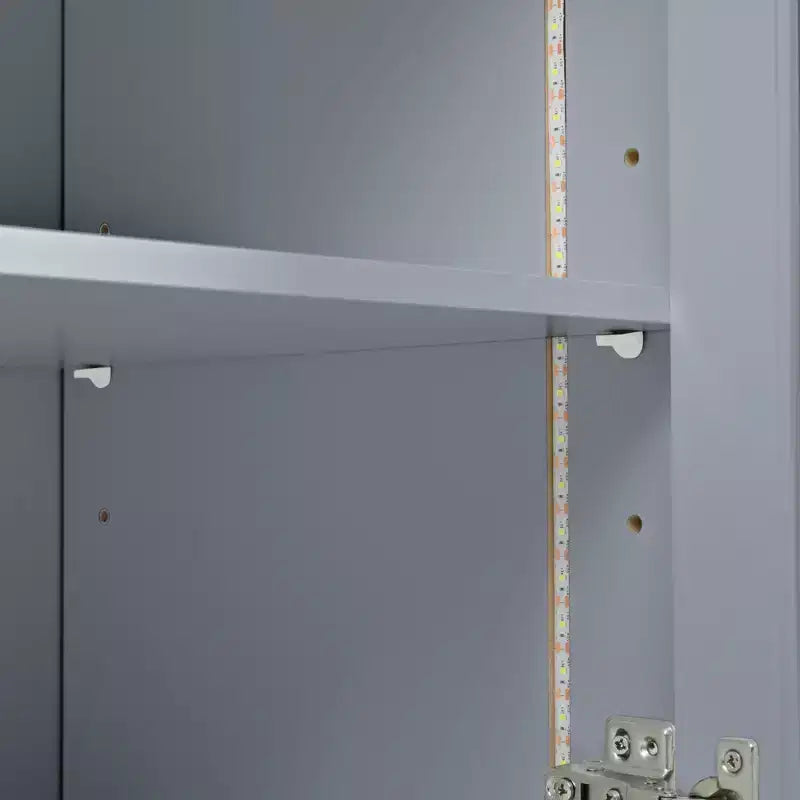 Îlot de cuisine roulant avec table extensible, îlot de cuisine sur roulettes avec lumières LED, prises électriques, 2 portes en verre cannelé