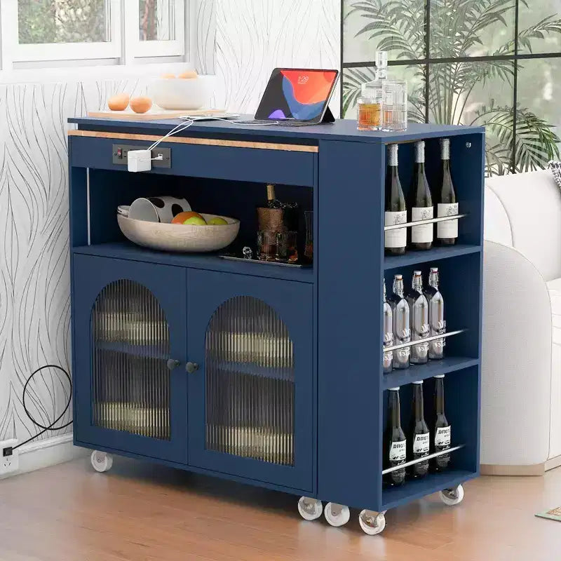 Îlot de cuisine roulant avec table extensible, îlot de cuisine sur roulettes avec lumières LED, prises électriques, 2 portes en verre cannelé