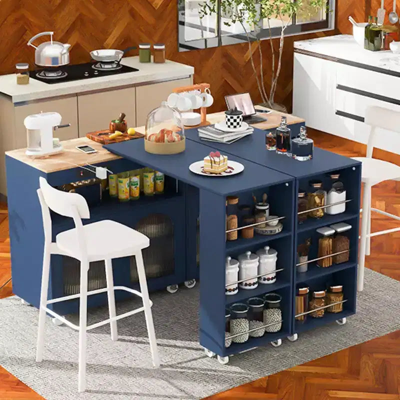 Îlot de cuisine roulant avec table extensible, îlot de cuisine sur roulettes avec lumières LED, prises électriques, 2 portes en verre cannelé