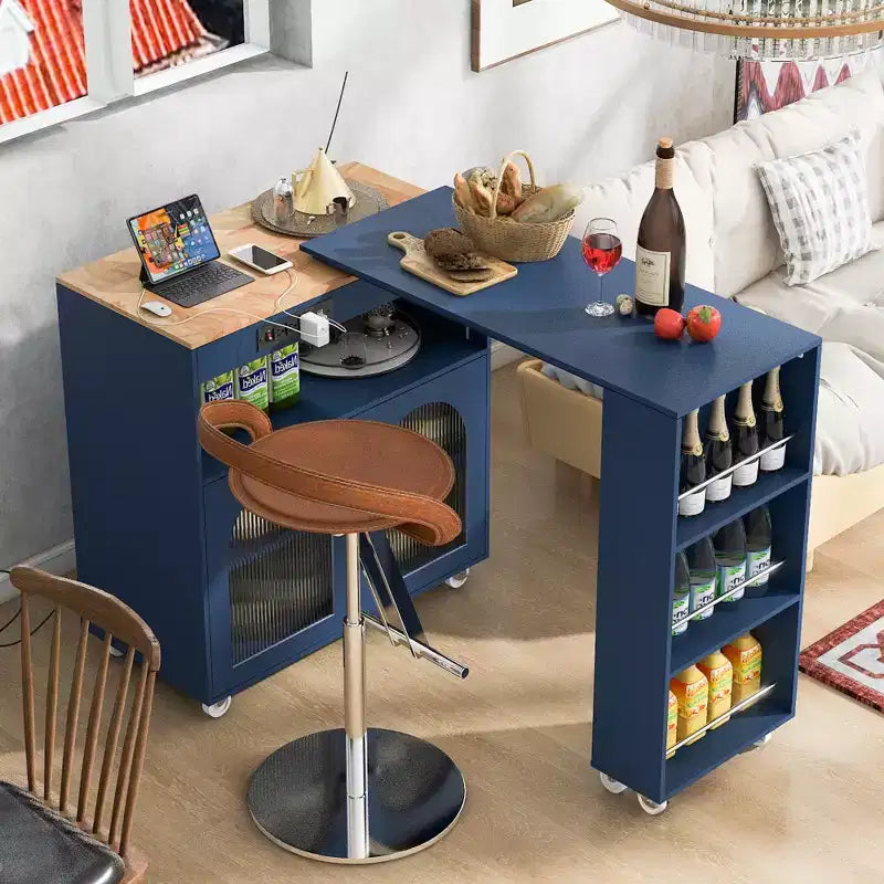 Îlot de cuisine roulant avec table extensible, îlot de cuisine sur roulettes avec lumières LED, prises électriques, 2 portes en verre cannelé