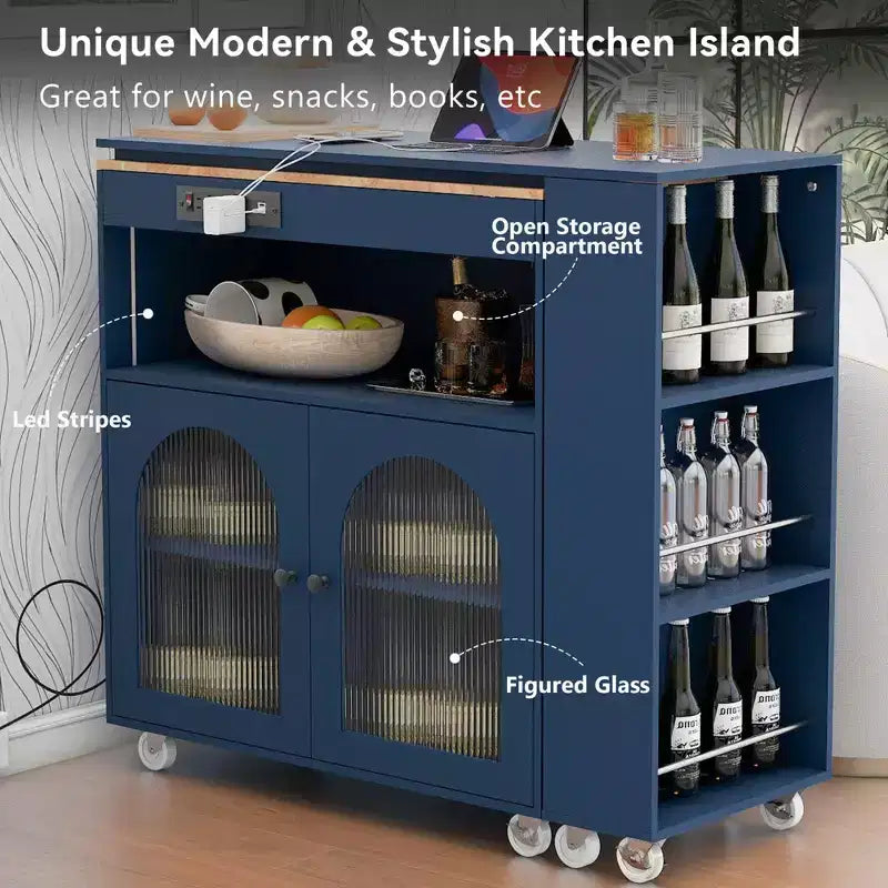 Îlot de cuisine roulant avec table extensible, îlot de cuisine sur roulettes avec lumières LED, prises électriques, 2 portes en verre cannelé