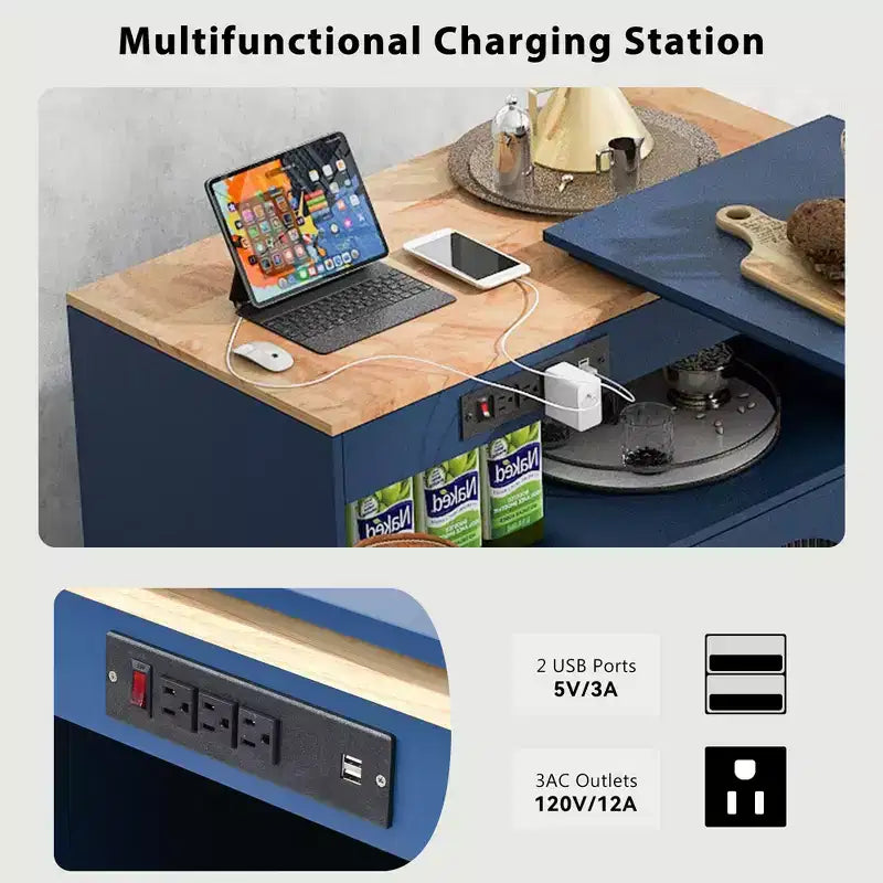 Îlot de cuisine roulant avec table extensible, îlot de cuisine sur roulettes avec lumières LED, prises électriques, 2 portes en verre cannelé
