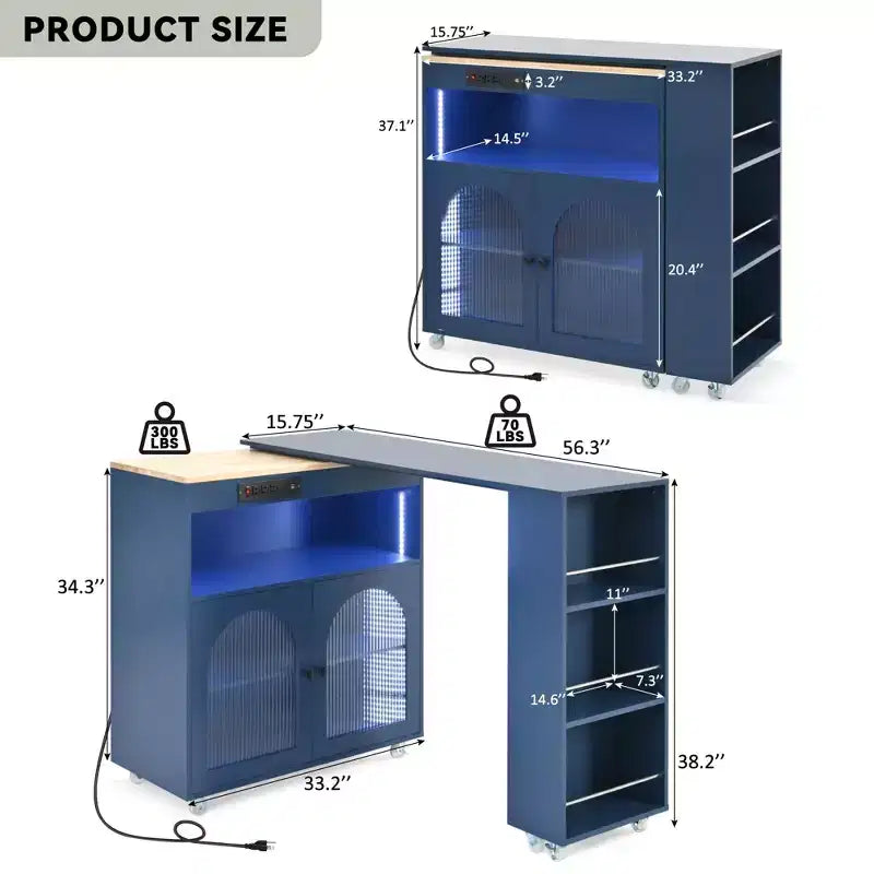 Îlot de cuisine roulant avec table extensible, îlot de cuisine sur roulettes avec lumières LED, prises électriques, 2 portes en verre cannelé