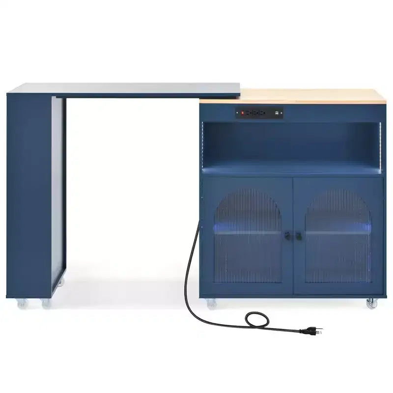 Îlot de cuisine roulant avec table extensible, îlot de cuisine sur roulettes avec lumières LED, prises électriques, 2 portes en verre cannelé