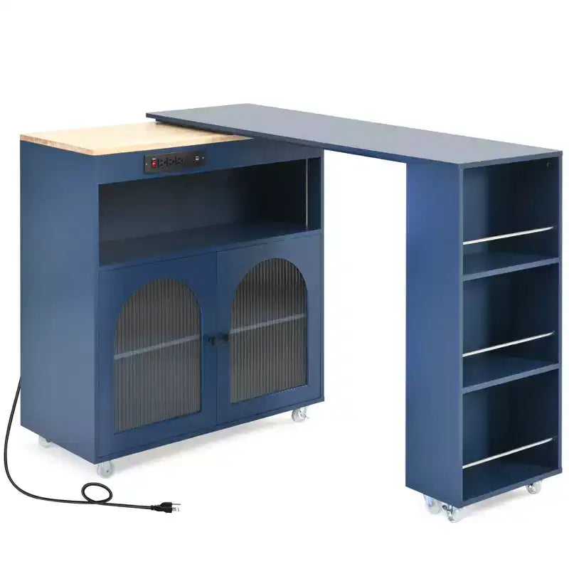 Îlot de cuisine roulant avec table extensible, îlot de cuisine sur roulettes avec lumières LED, prises électriques, 2 portes en verre cannelé
