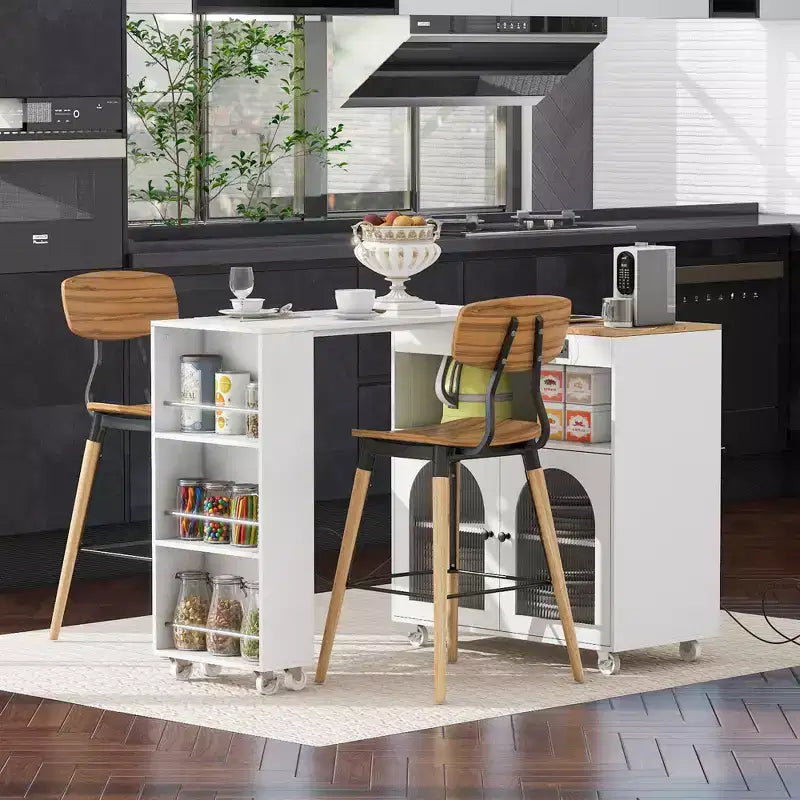 Îlot de cuisine roulant avec table extensible, îlot de cuisine sur roulettes avec lumières LED, prises électriques, 2 portes en verre cannelé