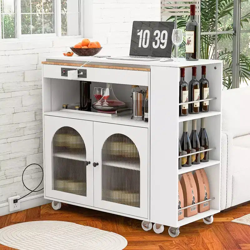 Îlot de cuisine roulant avec table extensible, îlot de cuisine sur roulettes avec lumières LED, prises électriques, 2 portes en verre cannelé
