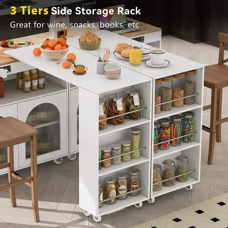Îlot de cuisine roulant avec table extensible, îlot de cuisine sur roulettes avec lumières LED, prises électriques, 2 portes en verre cannelé