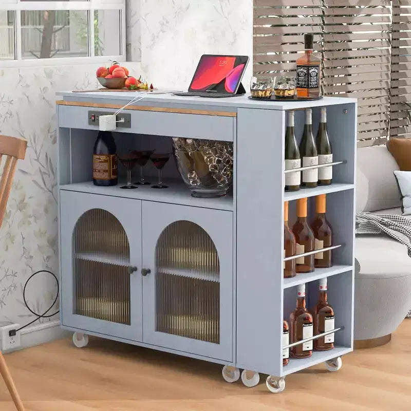 Îlot de cuisine roulant avec table extensible, îlot de cuisine sur roulettes avec lumières LED, prises électriques, 2 portes en verre cannelé