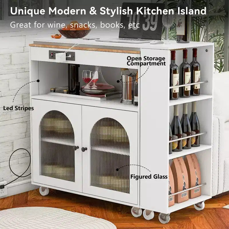 Îlot de cuisine roulant avec table extensible, îlot de cuisine sur roulettes avec lumières LED, prises électriques, 2 portes en verre cannelé