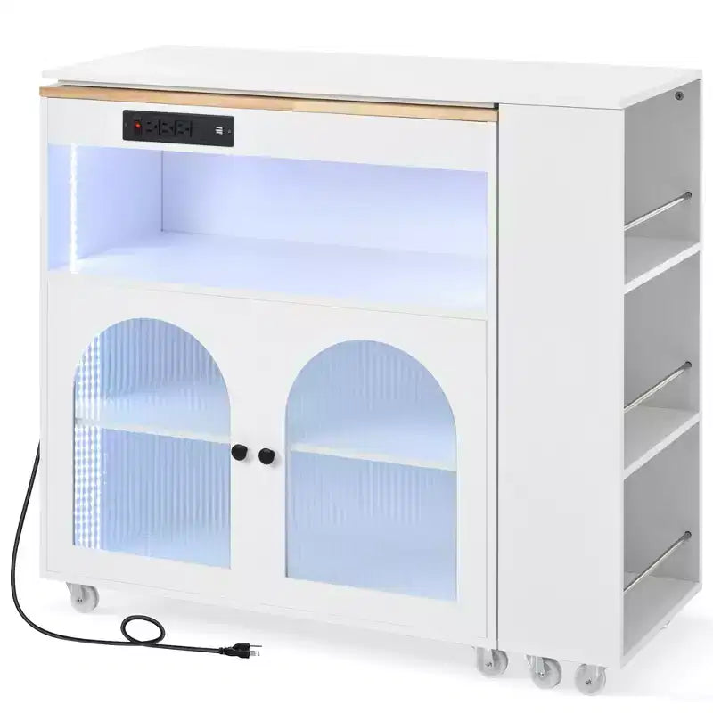 Îlot de cuisine roulant avec table extensible, îlot de cuisine sur roulettes avec lumières LED, prises électriques, 2 portes en verre cannelé