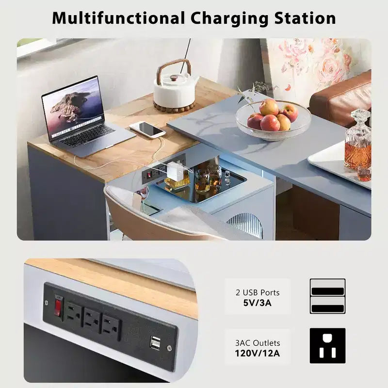 Îlot de cuisine roulant avec table extensible, îlot de cuisine sur roulettes avec lumières LED, prises électriques, 2 portes en verre cannelé