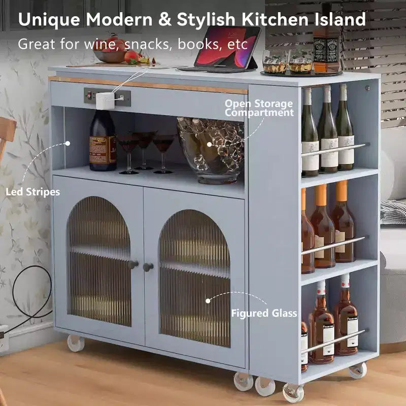 Îlot de cuisine roulant avec table extensible, îlot de cuisine sur roulettes avec lumières LED, prises électriques, 2 portes en verre cannelé