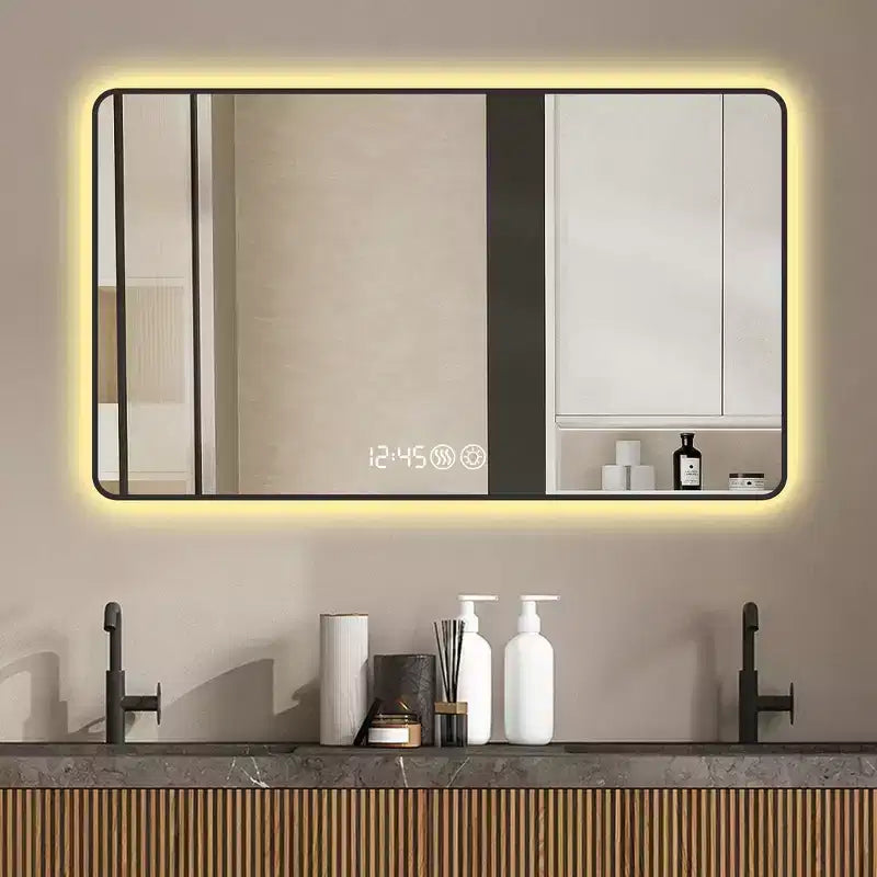 Miroir mural LED de salle de bain Whisen avec cadre en alliage d'aluminium et fonction anti-buée, affichage de la température et de l'heure - Noir