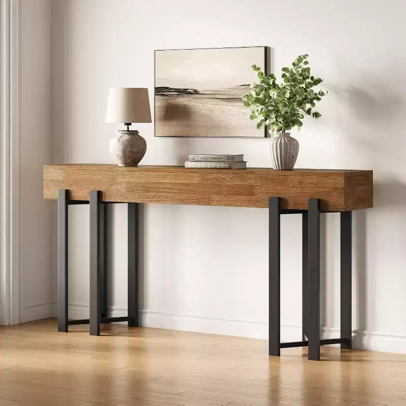 Lantine 63Console Table for Entryway, Farmhouse Behind Couch Table, Sofa Table with Black Metal Frame for Living Room, Oak