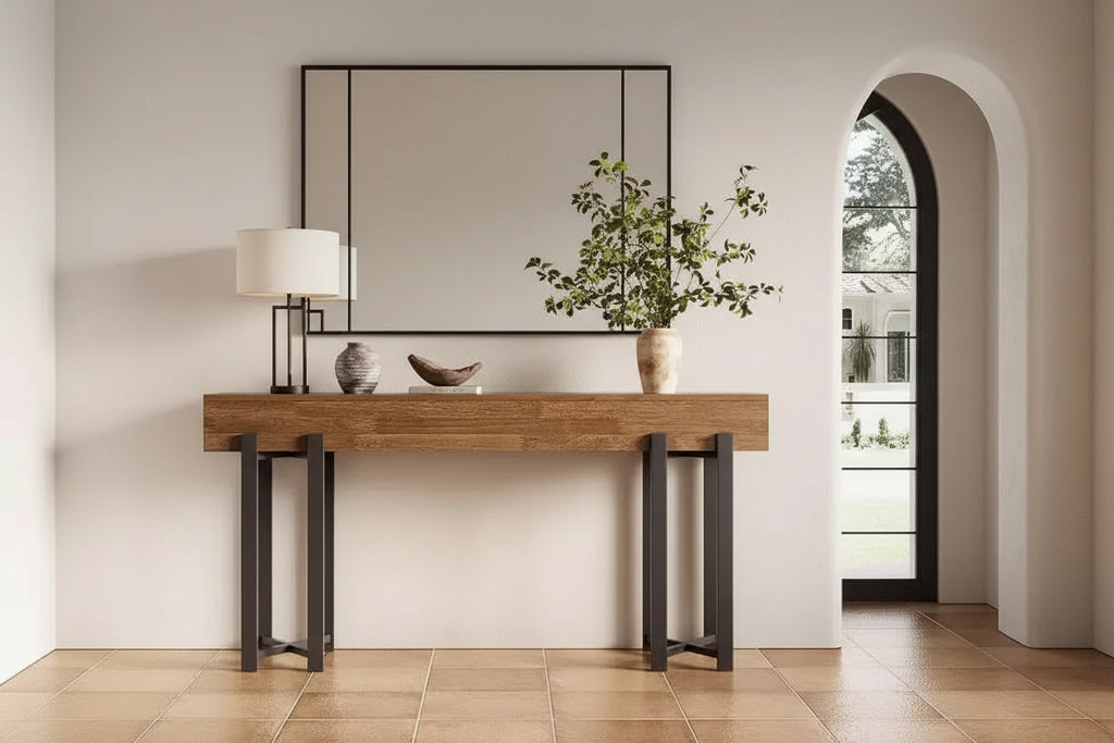 Console pour Entrée, Table d'Appoint Ferme pour Canapé, Table de Canapé avec Cadre en Métal Noir pour Salon, Chêne