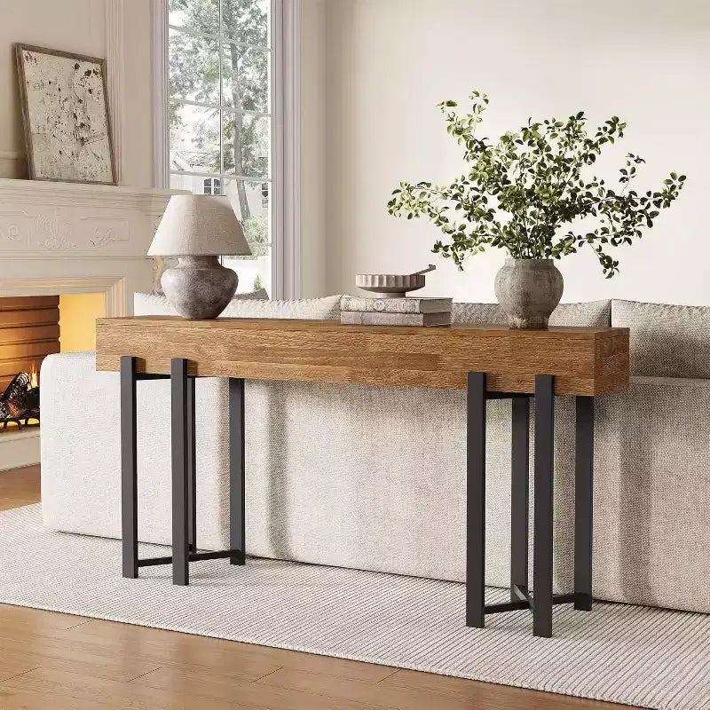 Console pour Entrée, Table d'Appoint Ferme pour Canapé, Table de Canapé avec Cadre en Métal Noir pour Salon, Chêne
