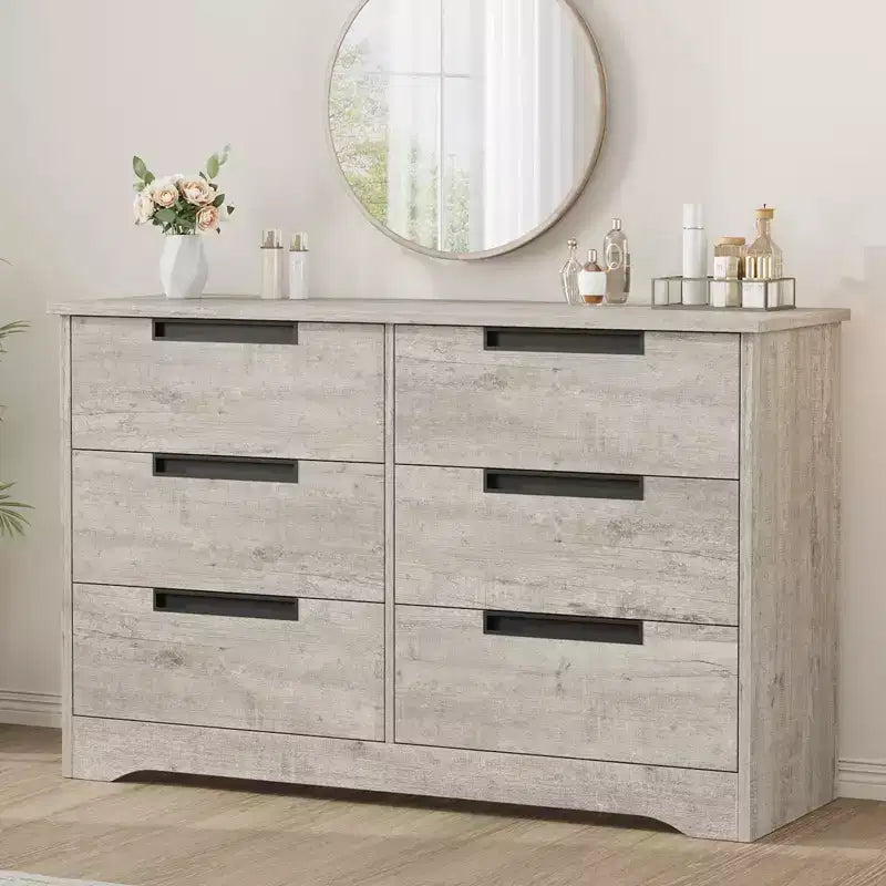 Commode à 6 tiroirs pour chambre à coucher, commode en bois de 119 cm de large avec poignées encastrées, organisateur de rangement pour vêtements, meuble TV pour couloir