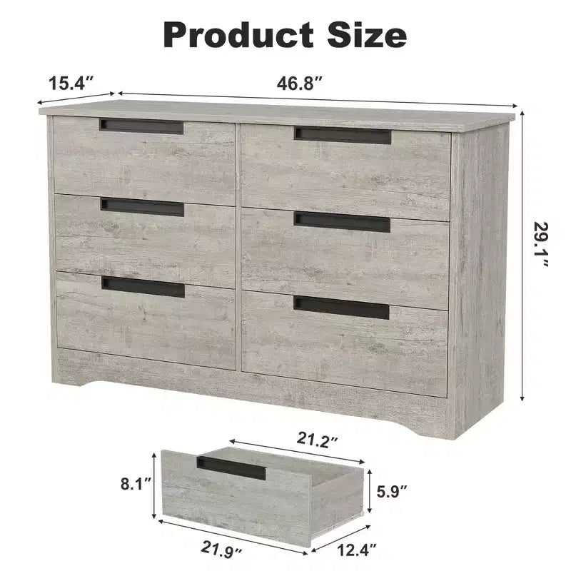 Commode à 6 tiroirs pour chambre à coucher, commode en bois de 119 cm de large avec poignées encastrées, organisateur de rangement pour vêtements, meuble TV pour couloir