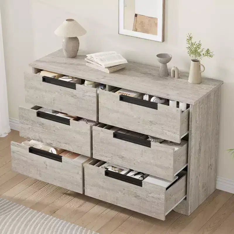 Commode à 6 tiroirs pour chambre à coucher, commode en bois de 119 cm de large avec poignées encastrées, organisateur de rangement pour vêtements, meuble TV pour couloir