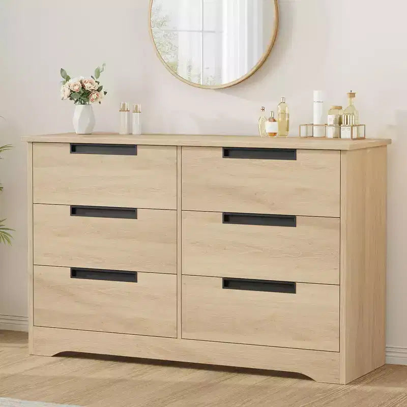 Commode à 6 tiroirs pour chambre à coucher, commode en bois de 119 cm de large avec poignées encastrées, organisateur de rangement pour vêtements, meuble TV pour couloir