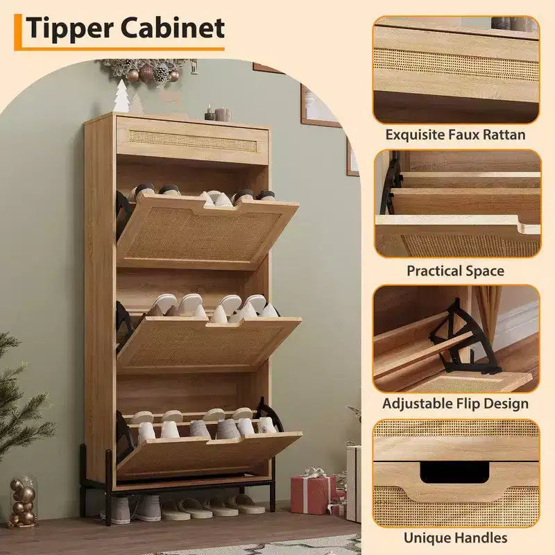 Meuble à chaussures avec 3 tiroirs basculants et tiroirs simples - Meuble de rangement à chaussures en bois et rotin dissimulé
