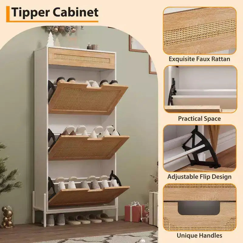 Meuble à chaussures avec 3 tiroirs basculants et tiroirs simples - Meuble de rangement à chaussures en bois et rotin dissimulé