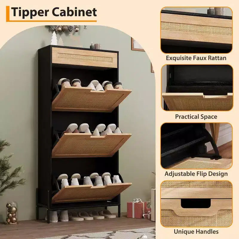 Meuble à chaussures avec 3 tiroirs basculants et tiroirs simples - Meuble de rangement à chaussures en bois et rotin dissimulé