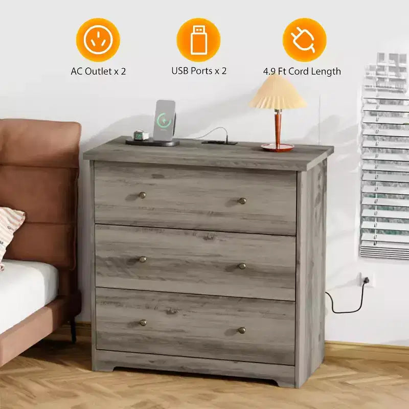 VINGLI Commode avec station de charge, commode en bois à 3 tiroirs, commode grise, chiffonnier