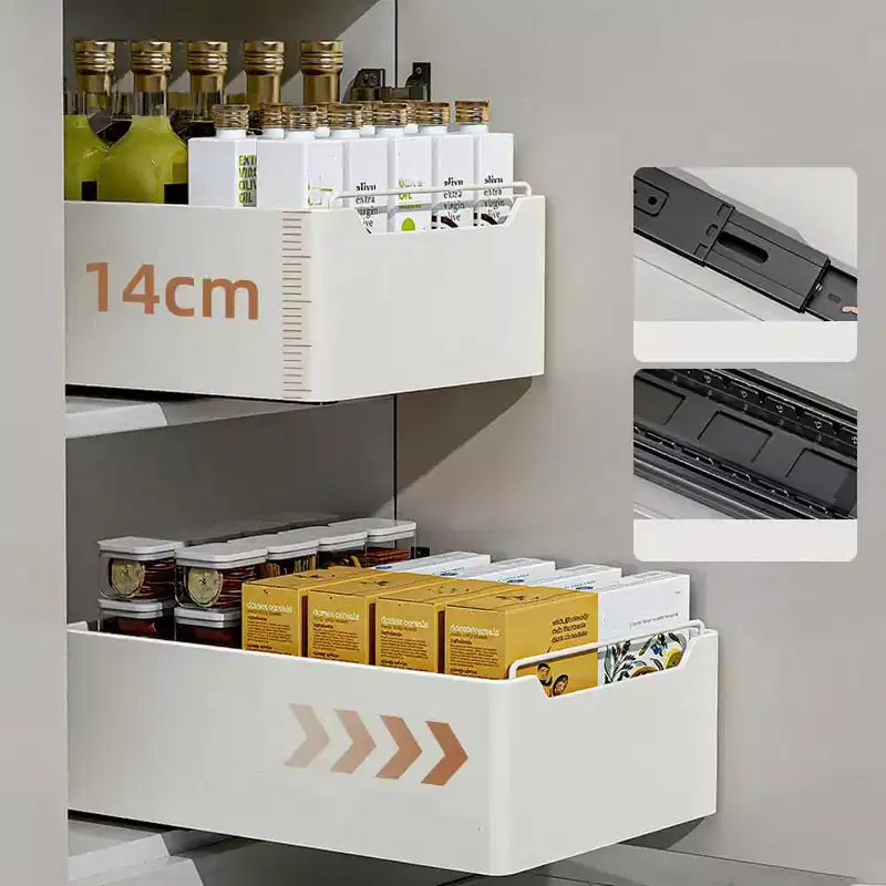 Tiroir de réfrigérateur, tiroir extensible pour cuisine, organisateur de tiroirs hauts de cuisine, meuble de cuisine en métal pour armoires de cuisine, sans perçage, 25 L x 43 P x 14 H